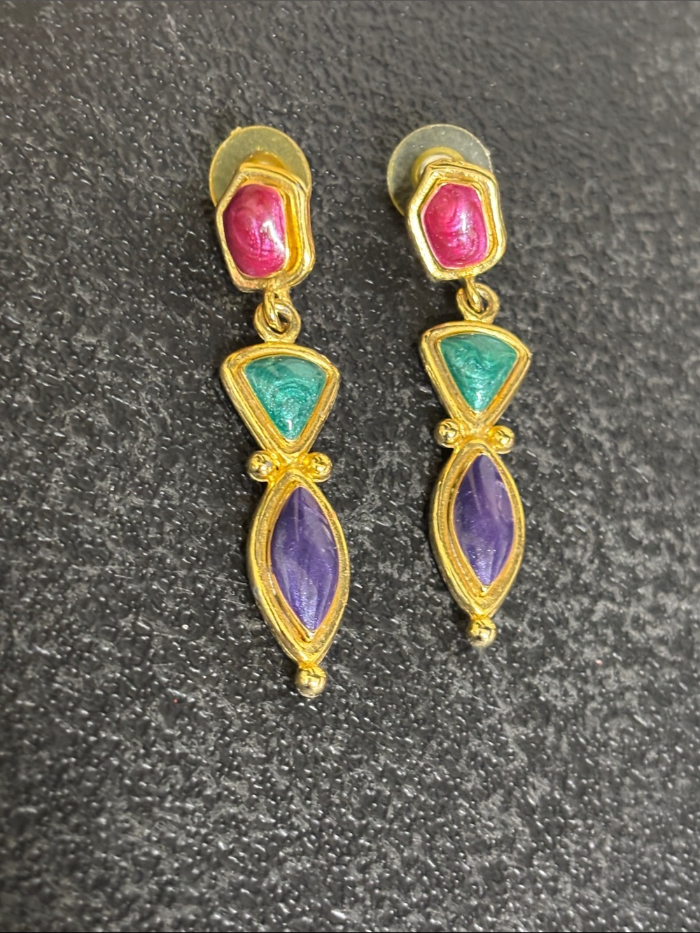 Vintage Enamel 80’s Gold-Tone Multistone Color Earrings - Pink, Teal & Purple
